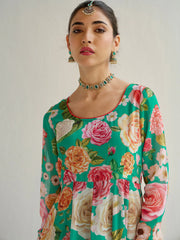 Women Green Floral Round Neck Anarkali Kurta-SHKUR00432