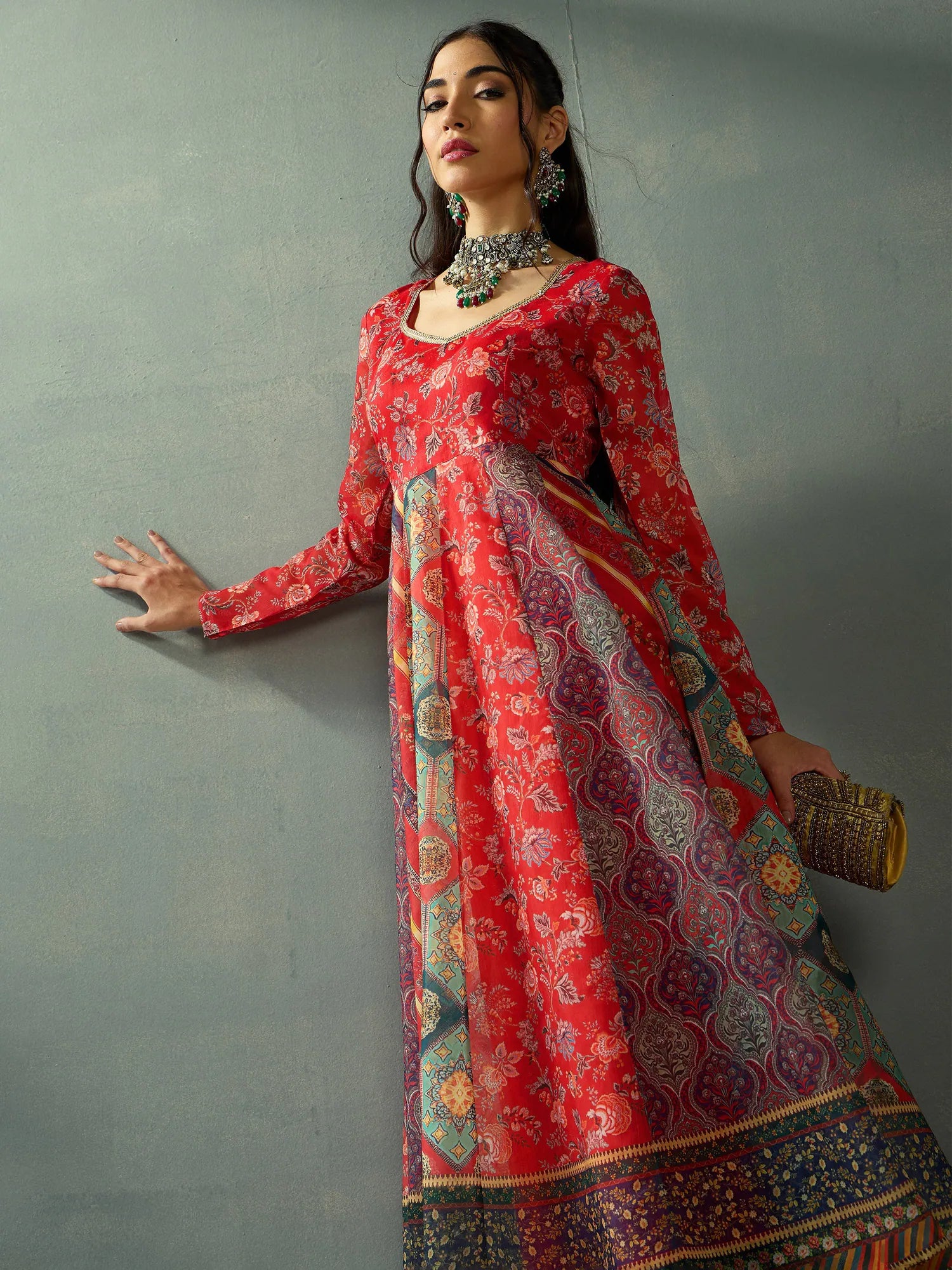 Red Floral Anarkali Kurta: Full Sleeve Anarkali Gown for Women