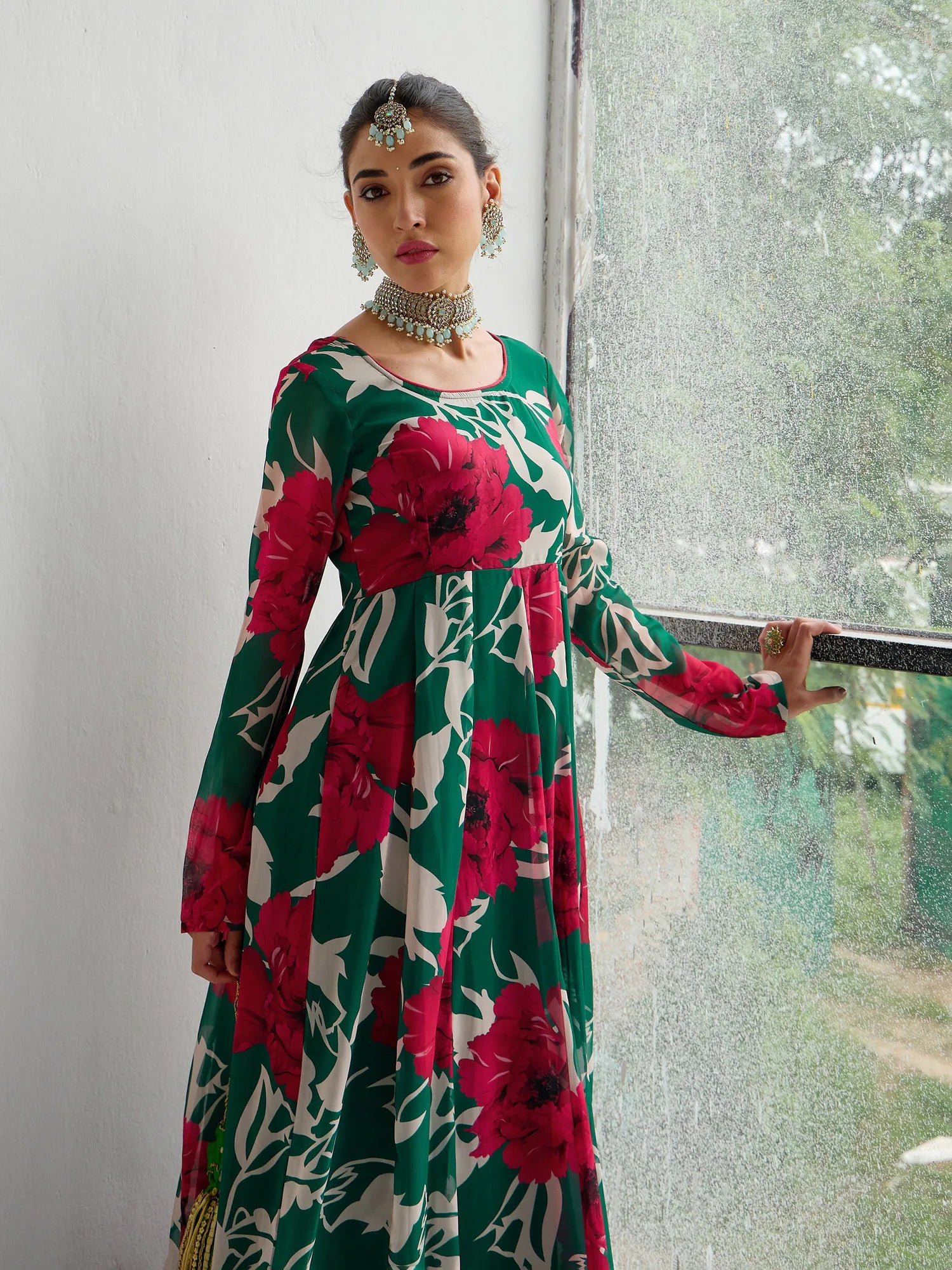 Red & Green Floral Anarkali Kurta - Anarkali Kurti Online