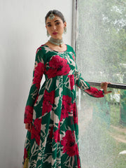Women Green & Red Floral Anarkali Kurta-SHKUR00434