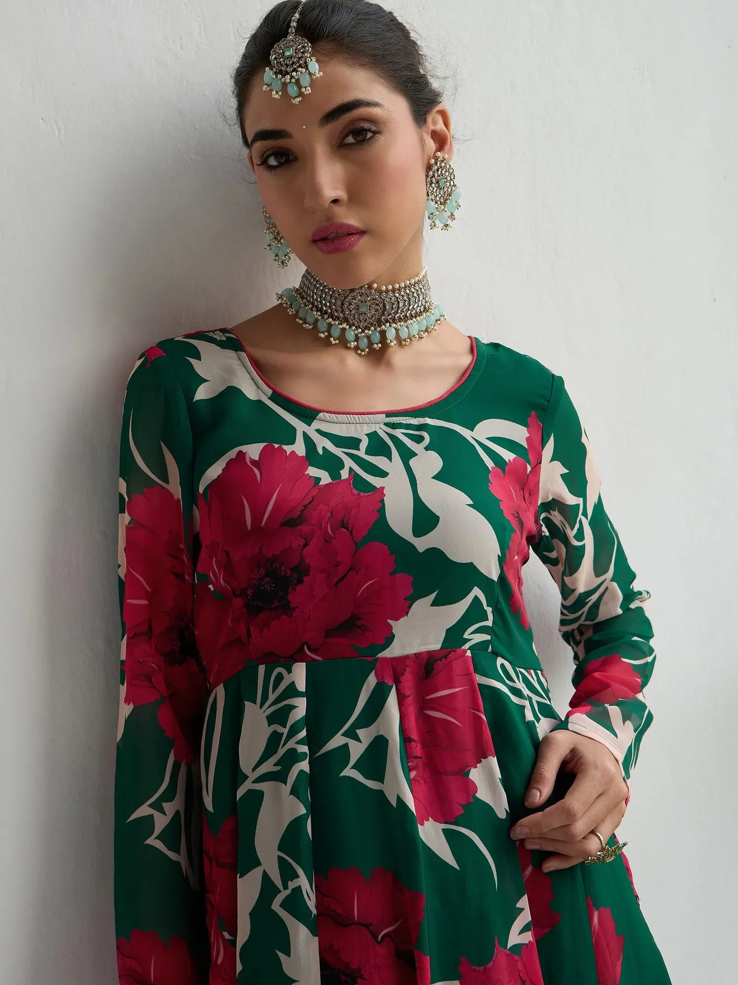 Red & Green Floral Anarkali Kurta - Anarkali Kurti Online