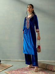Women Royal Blue Velvet Embroidered Kurta-SHKUR00436