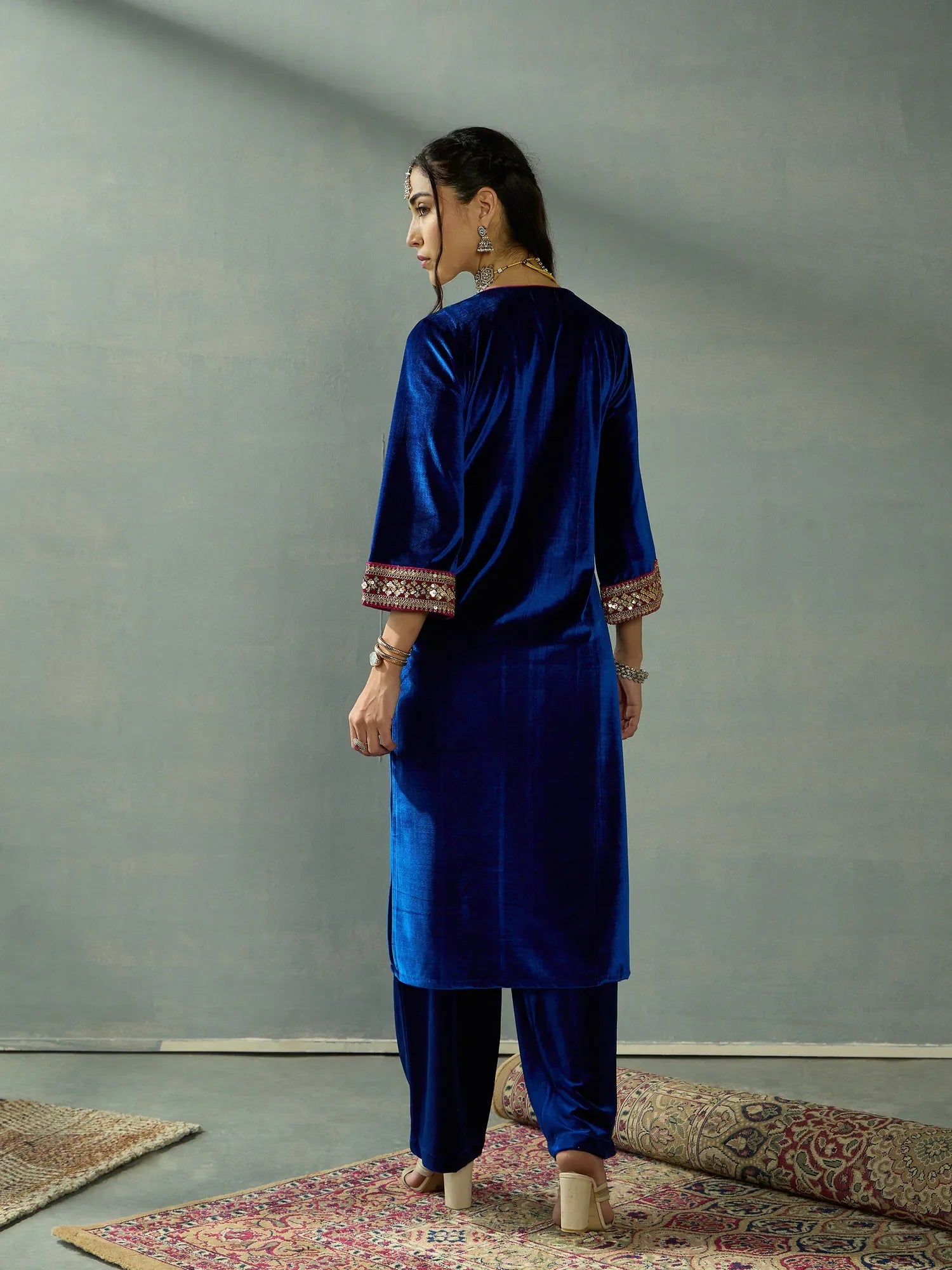 Royal Blue Velvet Kurta | Embroidered Indian Kurta Ladies