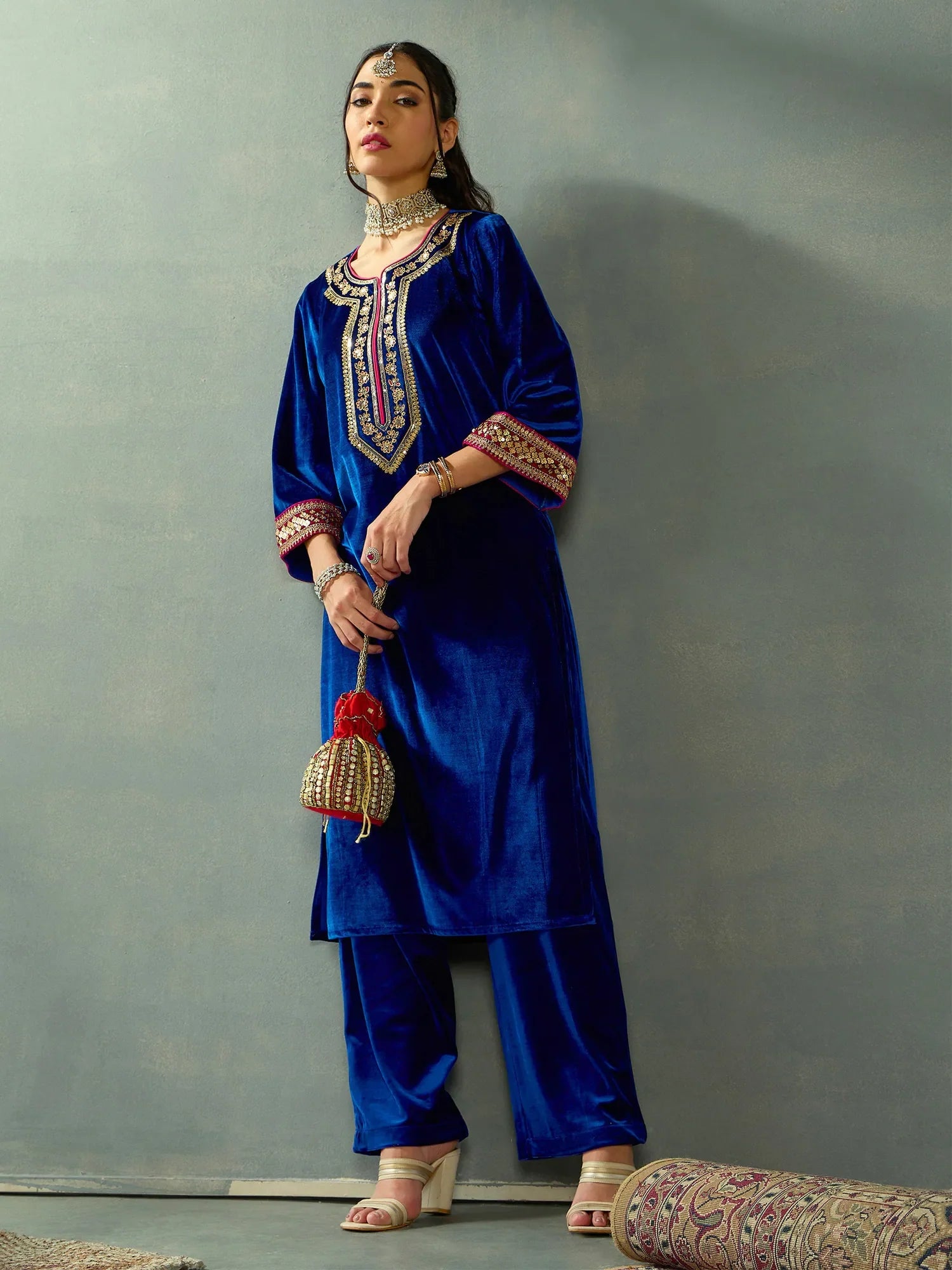 Royal Blue Velvet Women's Kurta Sets | Indian Kurta Design