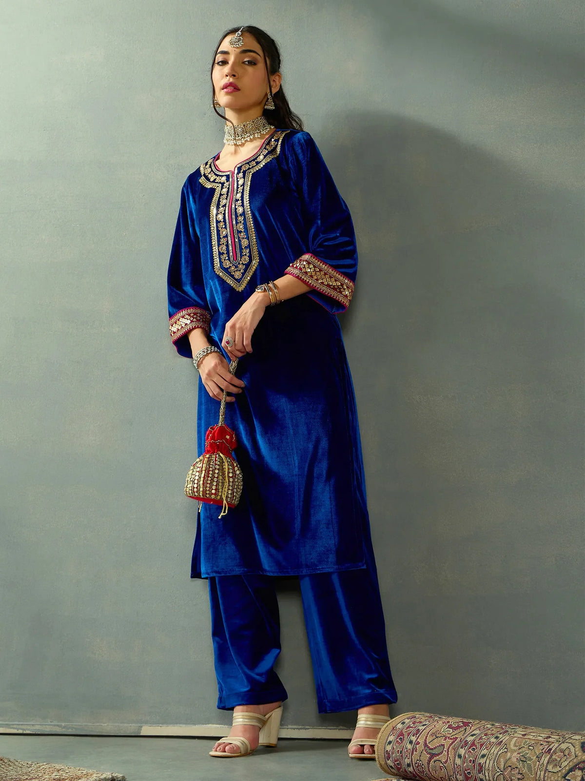 Women Royal Blue Velvet Embroidered Kurta With Straight Pants-SHKUR00436_SHPANT50946