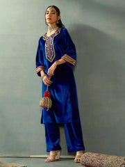 Women Royal Blue Velvet Embroidered Kurta With Straight Pants-SHKUR00436_SHPANT50946