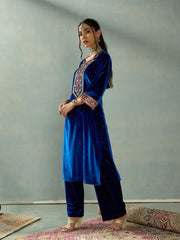 Women Royal Blue Velvet Embroidered Kurta With Straight Pants-SHKUR00436_SHPANT50946
