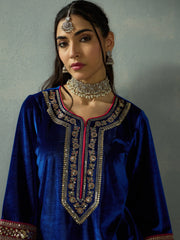 Women Royal Blue Velvet Embroidered Kurta With Straight Pants-SHKUR00436_SHPANT50946