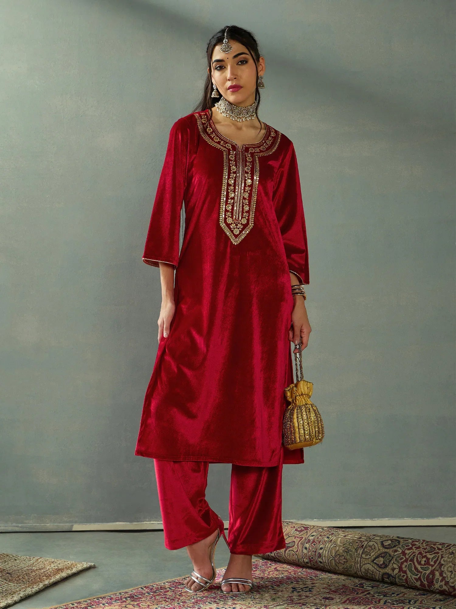 Red Velvet Indian Kurta Sets for Women | Designer Kurta