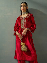 Women Red Velvet Embroidered Kurta With Straight Pants-SHKUR00437_SHPANT50947