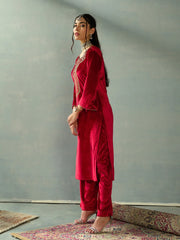 Women Red Velvet Embroidered Kurta With Straight Pants-SHKUR00437_SHPANT50947