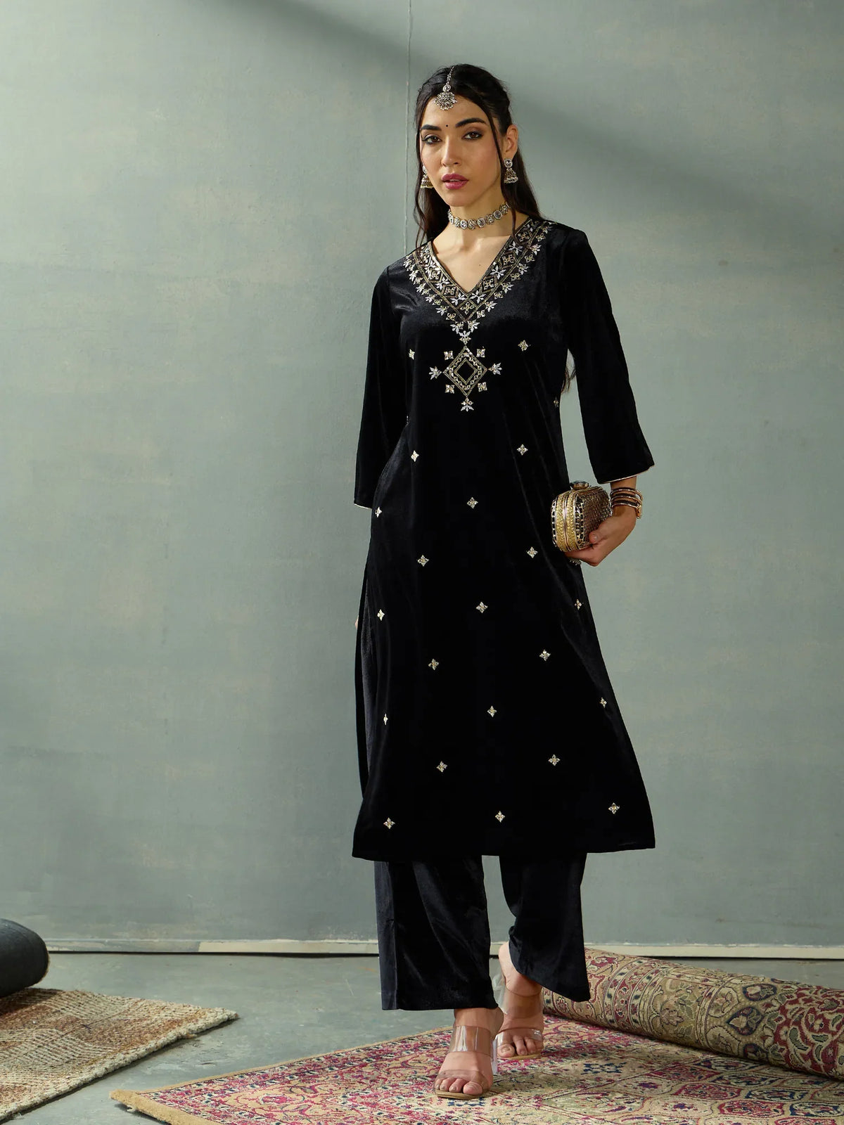 Women Black Velvet V-Neck Embroidered Kurta With Straight Pants-SHKUR00438_SHPANT50948