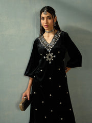 Women Black Velvet V-Neck Embroidered Kurta With Straight Pants-SHKUR00438_SHPANT50948