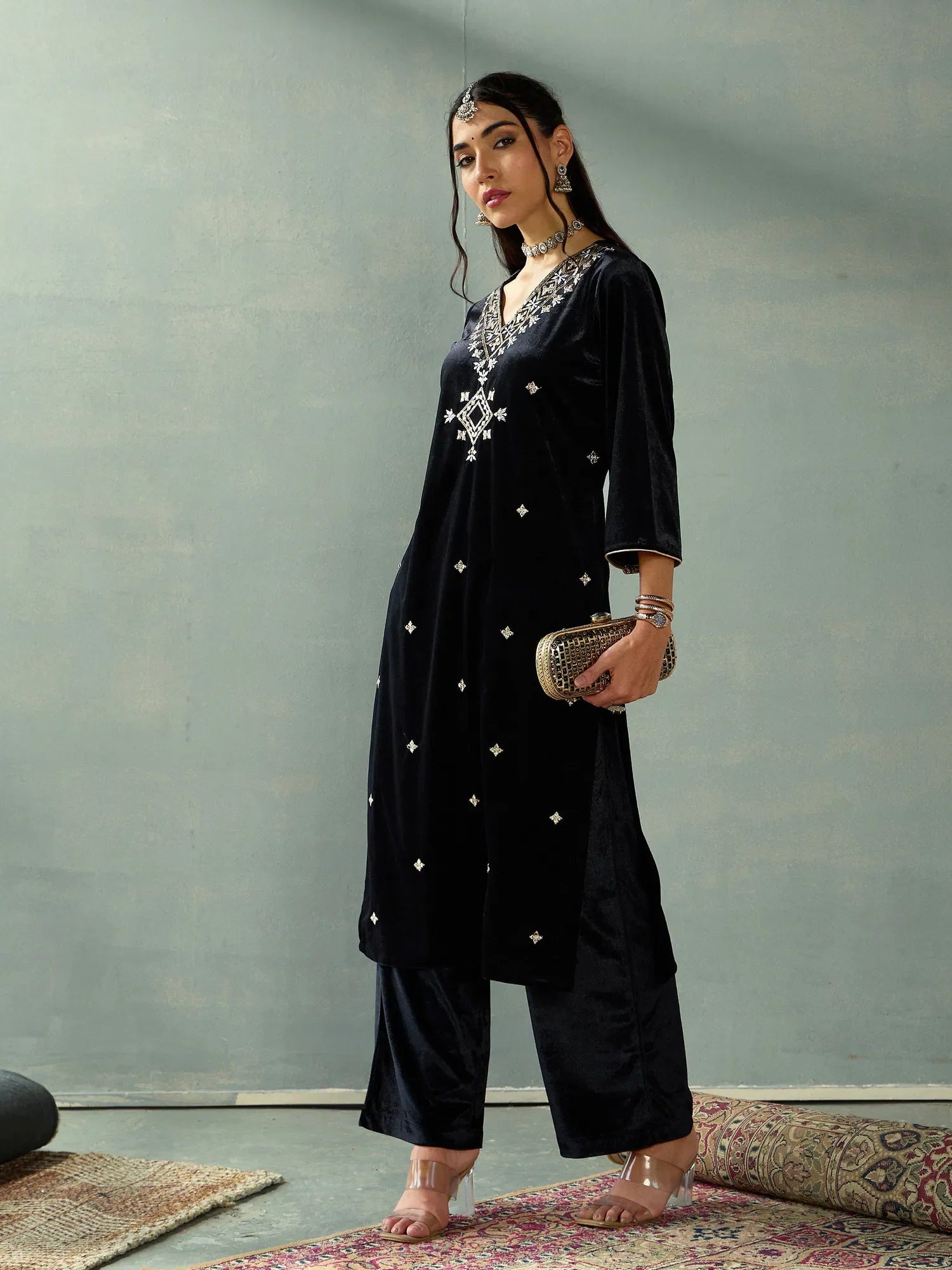 Black Velvet Women's Kurta Sets | Embroidered Indian Kurta