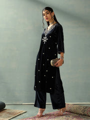 Women Black Velvet V-Neck Embroidered Kurta With Straight Pants-SHKUR00438_SHPANT50948