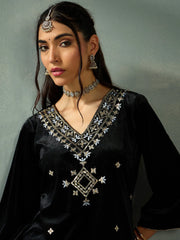 Women Black Velvet V-Neck Embroidered Kurta With Straight Pants-SHKUR00438_SHPANT50948