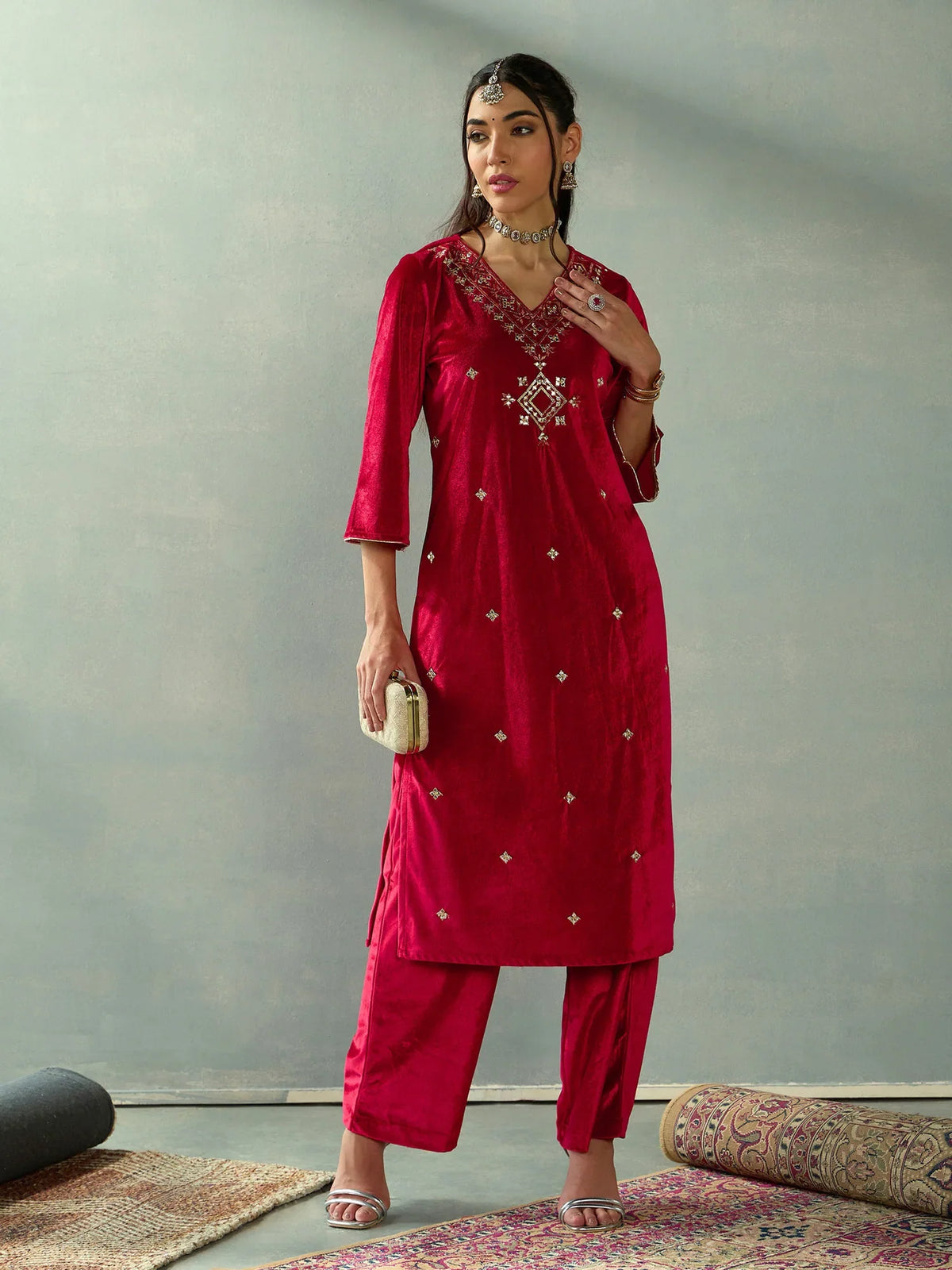 Women Red Velvet V-Neck Embroidered Kurta With Straight Pants-SHKUR00439_SHPANT50947