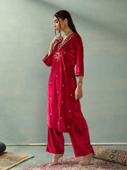 Women Red Velvet V-Neck Embroidered Kurta With Straight Pants-SHKUR00439_SHPANT50947