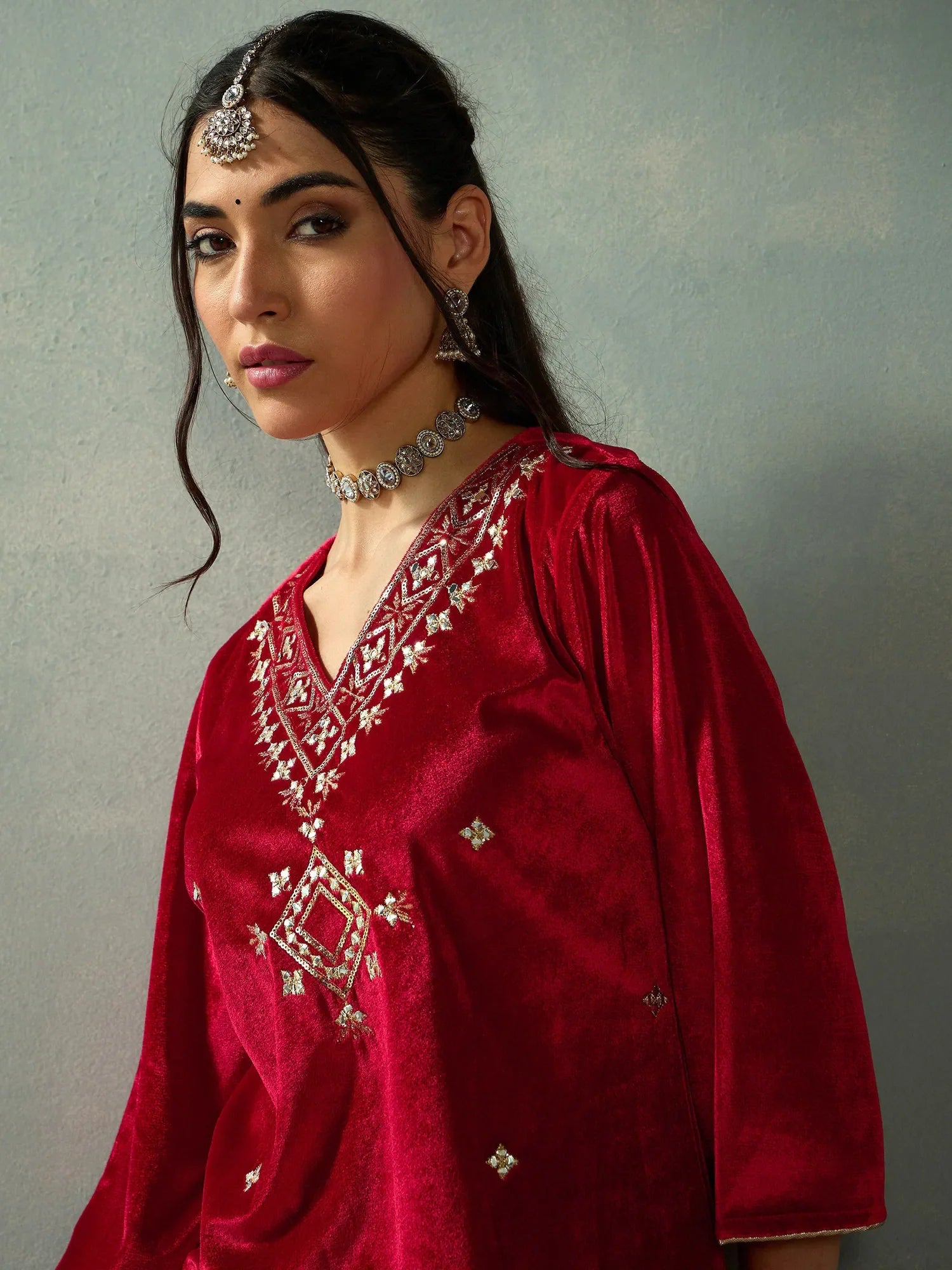 Red Velvet Embroidered Indian Kurta Sets With Straight Pants