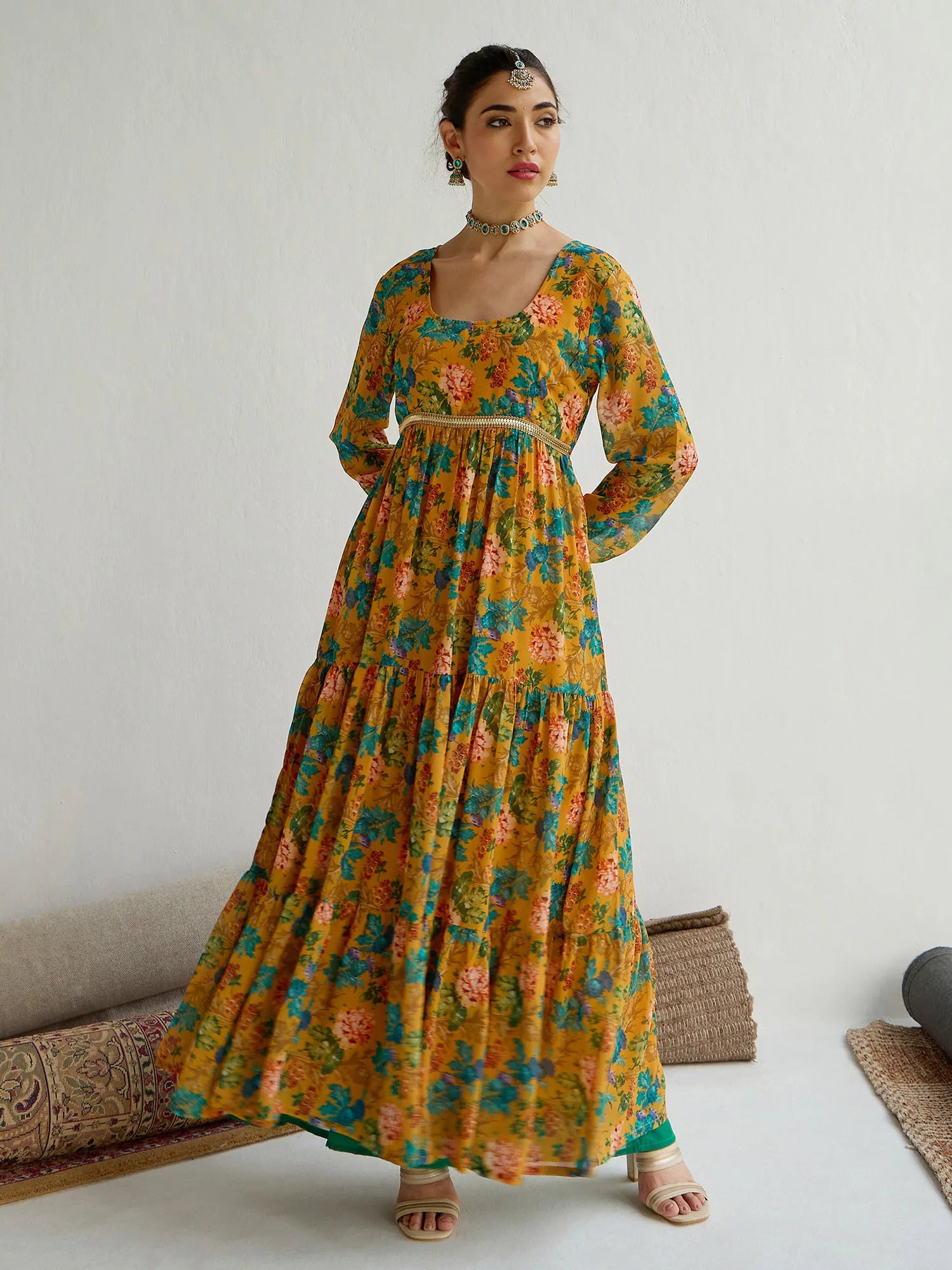 Yellow Floral Tiered Indian Kurta for Women - Stylish Kurtis