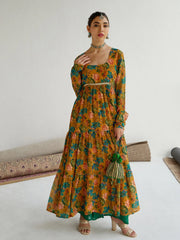 Women Yellow Floral Round Neck Tiered Kurta-SHKUR00440