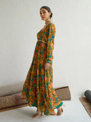 Women Yellow Floral Round Neck Tiered Kurta-SHKUR00440