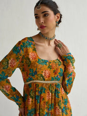 Women Yellow Floral Round Neck Tiered Kurta-SHKUR00440