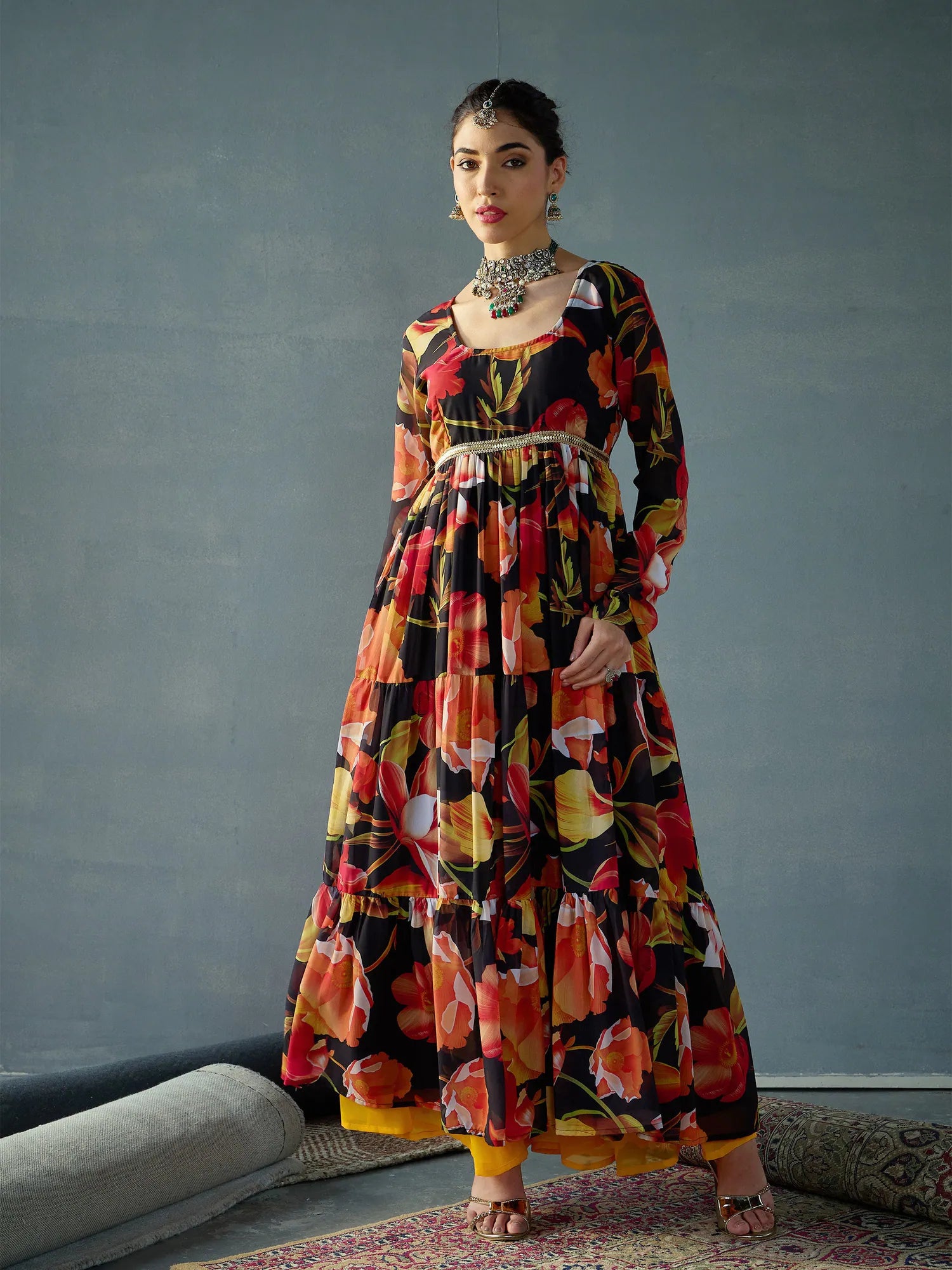 Black Floral Tiered Kurta | Georgette Indian Kurta for Women