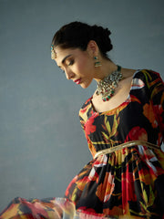 Women Black Floral Round Neck Tiered Kurta-SHKUR00441