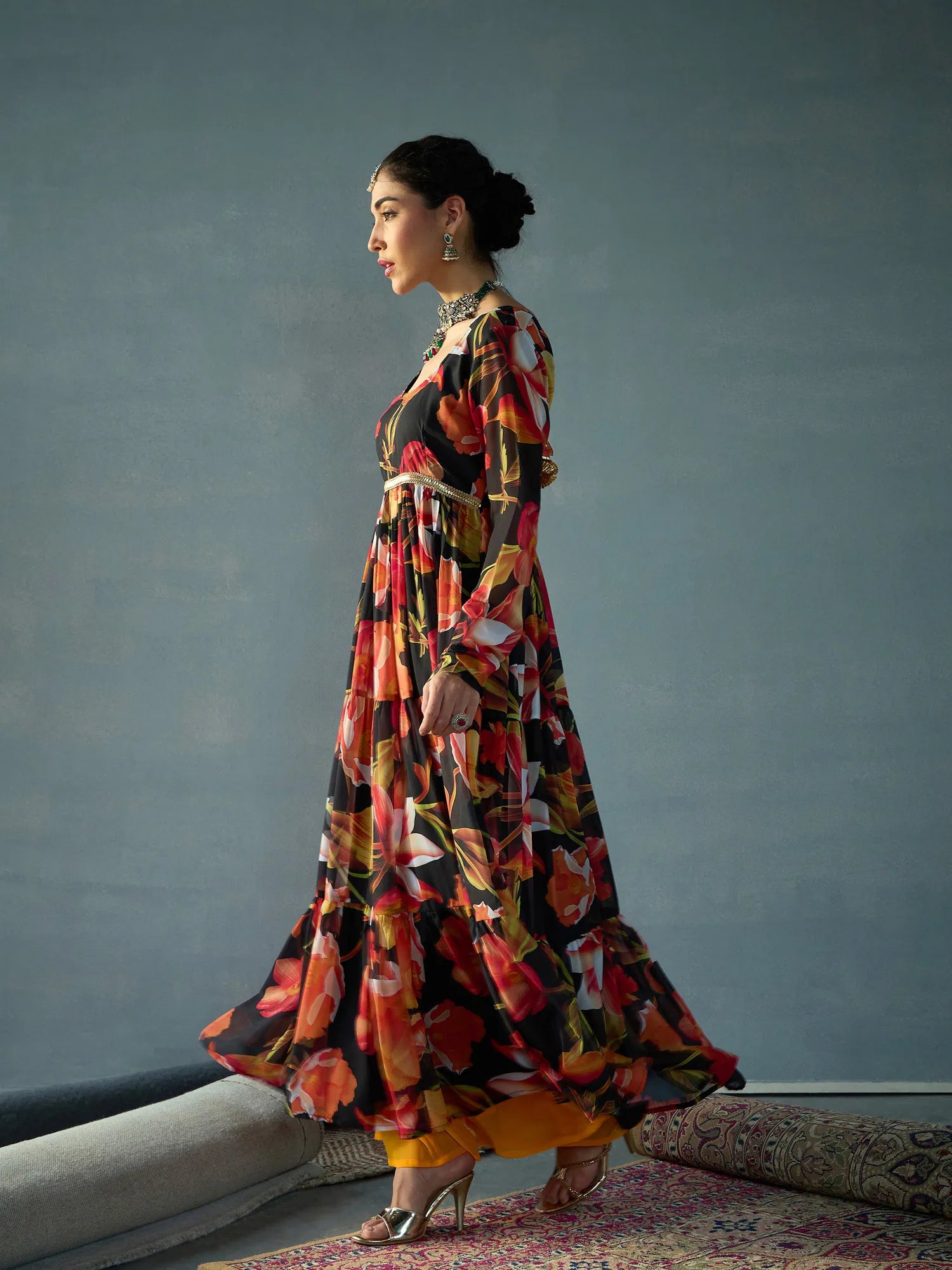 Black Floral Tiered Kurta | Georgette Indian Kurta for Women