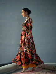 Women Black Floral Round Neck Tiered Kurta-SHKUR00441