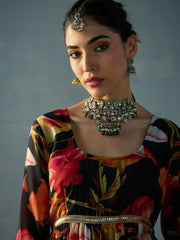 Women Black Floral Round Neck Tiered Kurta-SHKUR00441