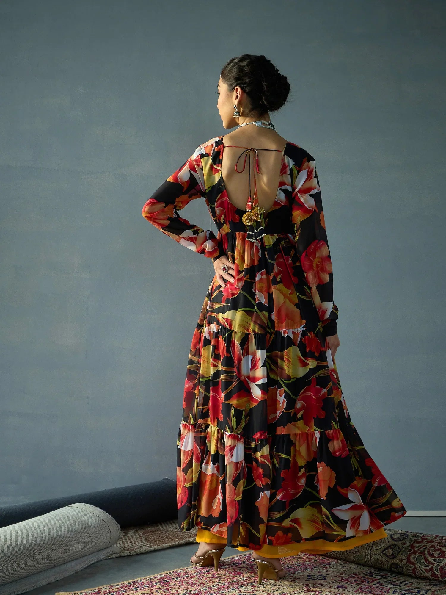 Black Floral Tiered Kurta | Georgette Indian Kurta for Women