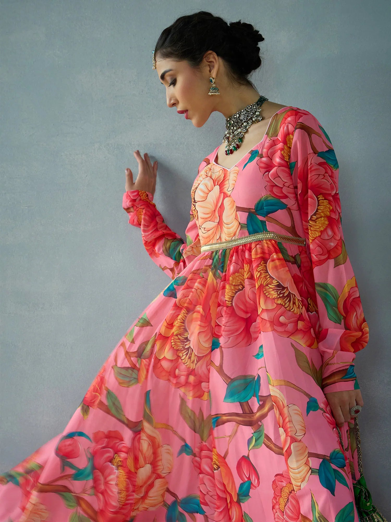Pink Floral Anarkali Kurti for Women | Georgette Anarkali Dress