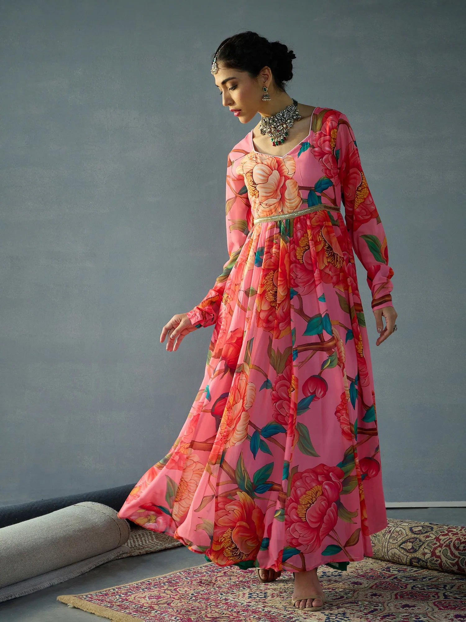 Pink Floral Anarkali Kurti for Women | Georgette Anarkali Dress