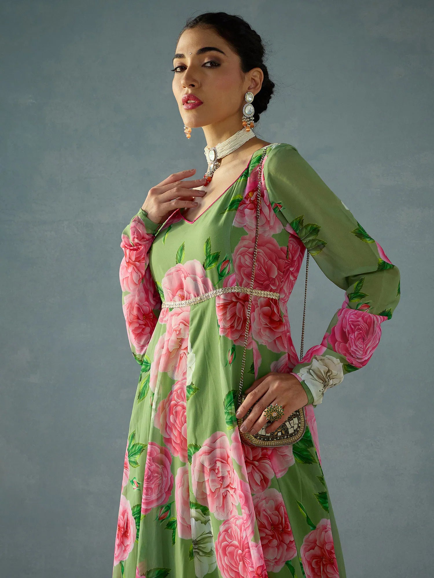 Green Floral Sweetheart Neck Anarkali Kurta | Shop Now!