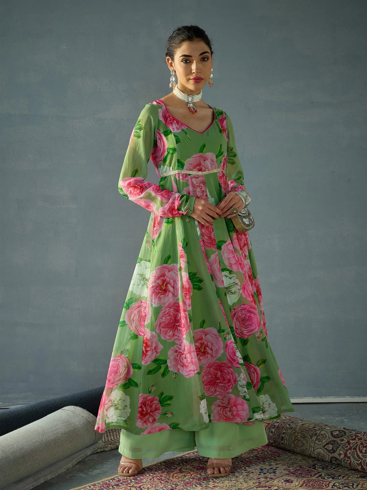 Green Floral Sweetheart Neck Anarkali Kurta | Shop Now!
