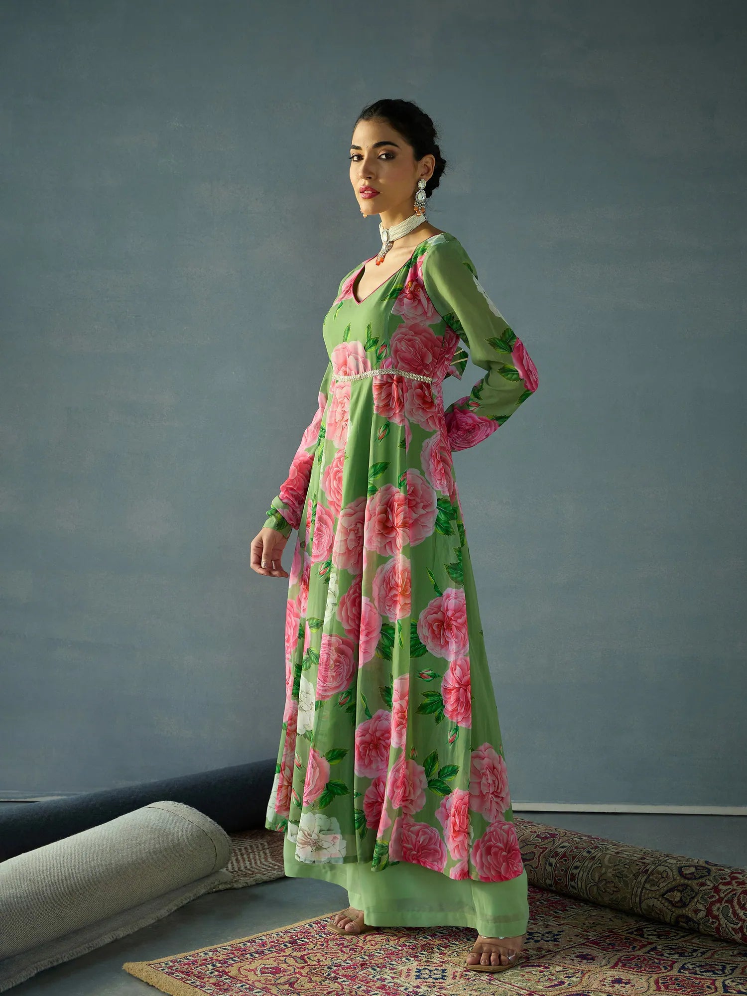 Green Floral Sweetheart Neck Anarkali Kurta | Shop Now!