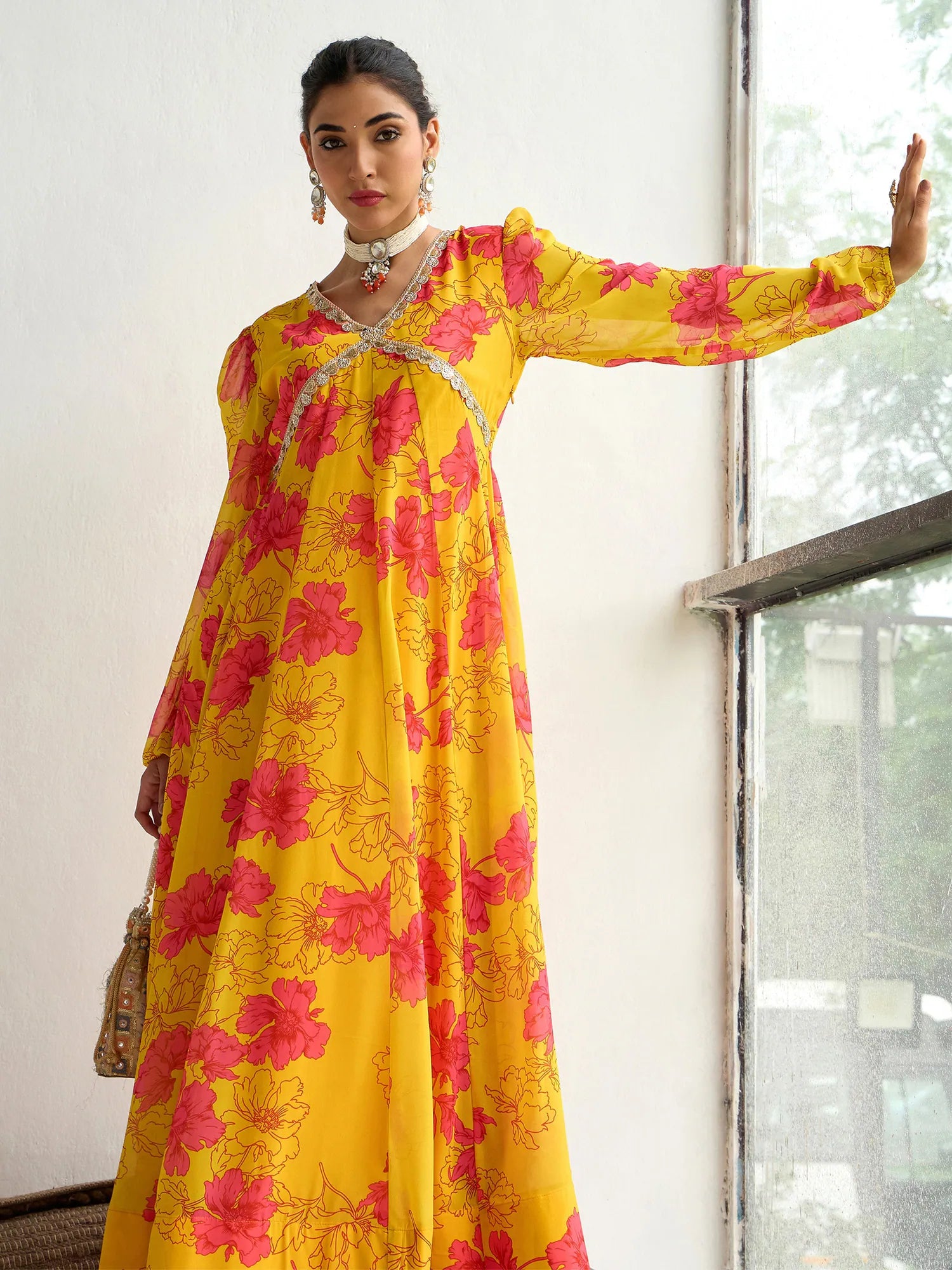 Yellow Floral Anarkali Kurta | Women's Anarkali Suit Set Online