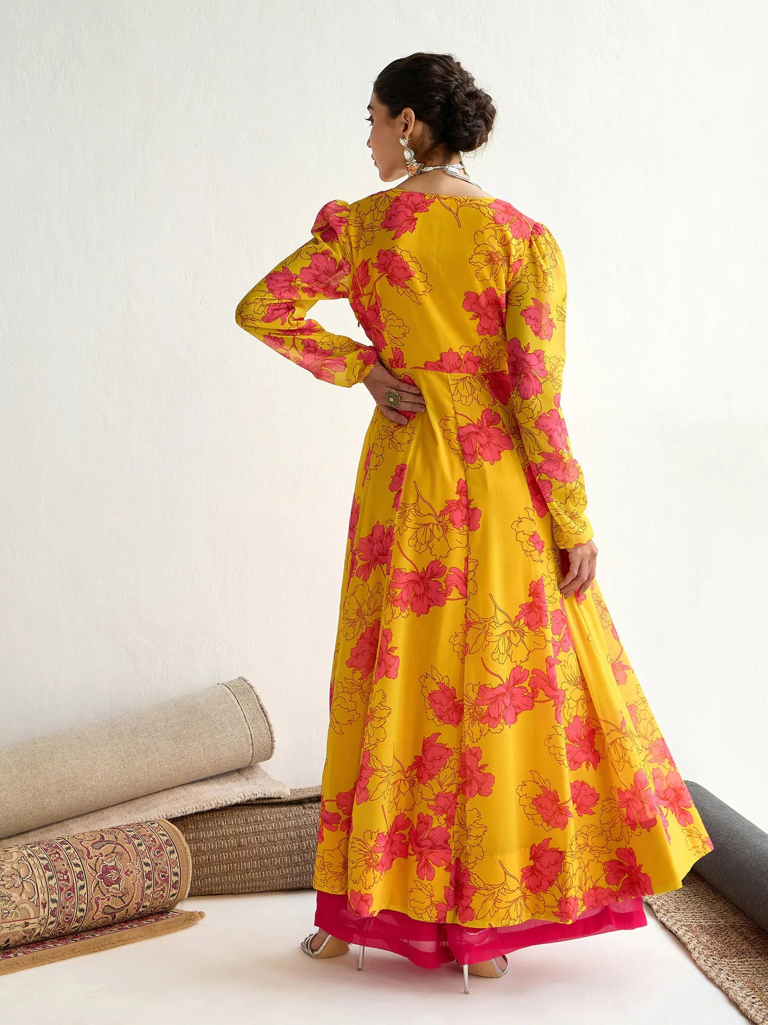 Yellow Floral Anarkali Kurta | Women's Anarkali Suit Set Online