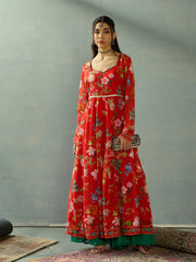 Women Red Floral Sweetheart Neck Anarkali Kurta-SHKUR00446