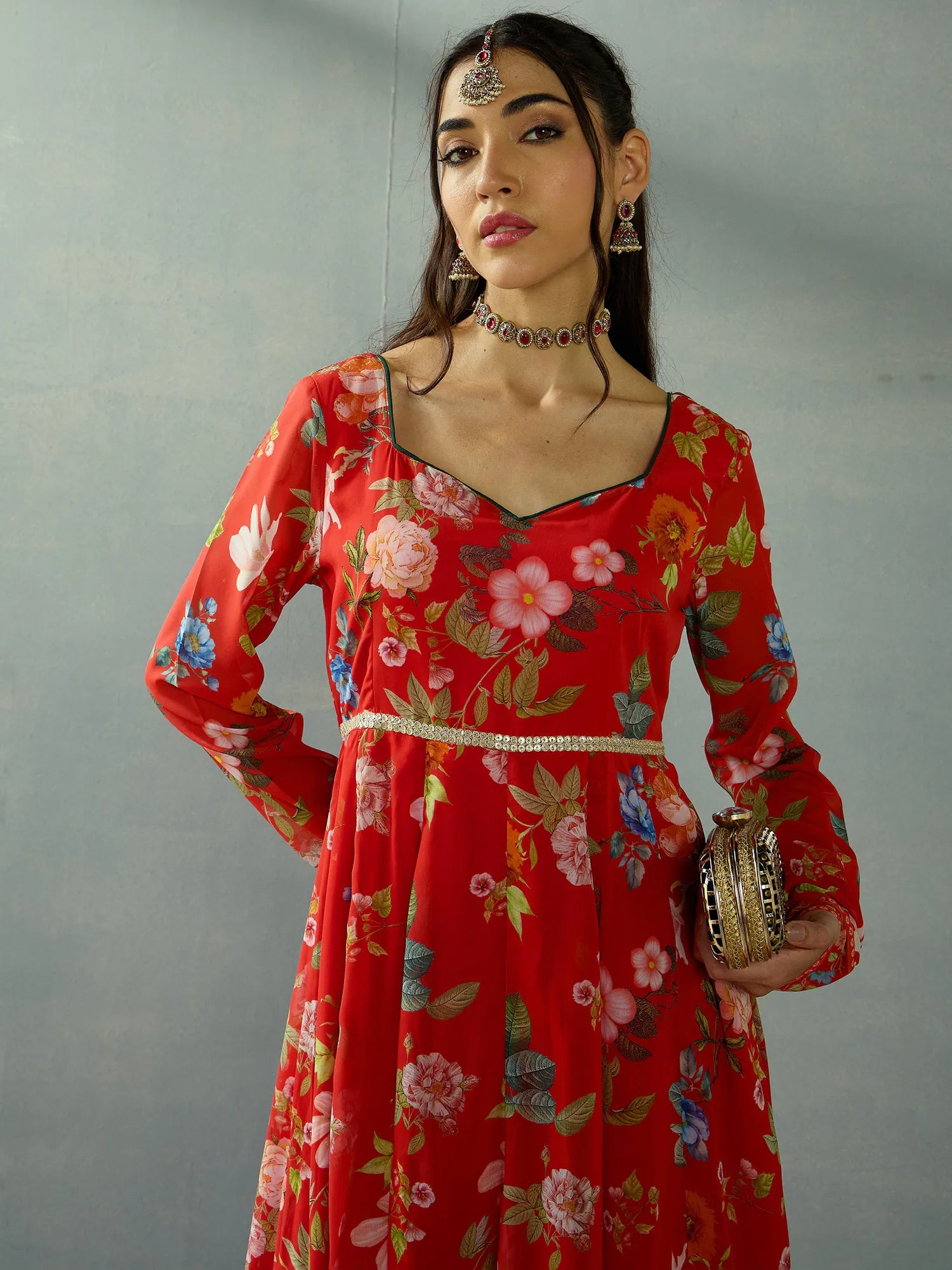 Red Floral Anarkali Kurta for Women | Sweetheart Neck Design