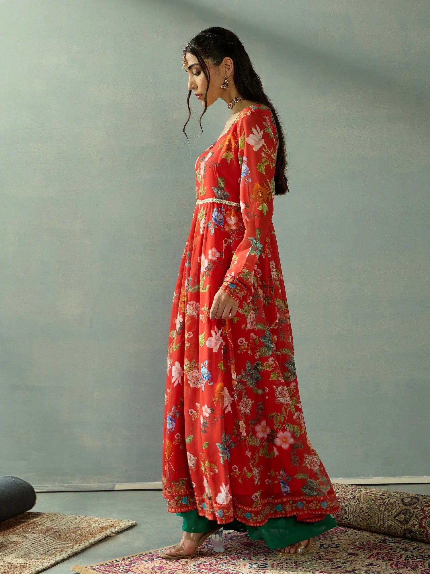 Red Floral Anarkali Kurta for Women | Sweetheart Neck Design