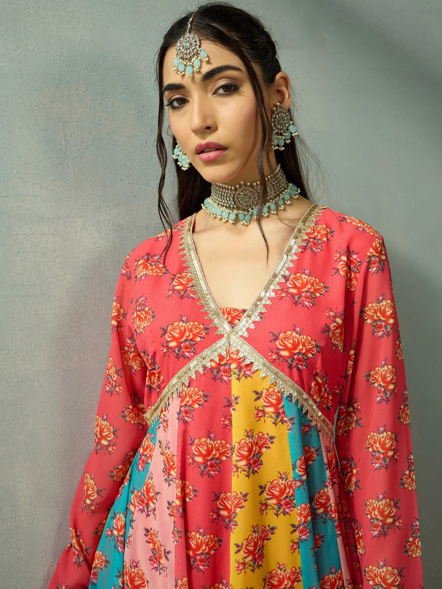 Red Multi Color Anarkali Kurta | V-Neck Anarkali Dress for Women