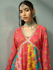 Women Red Multi Color V-Neck Anarkali Kurta-SHKUR00448