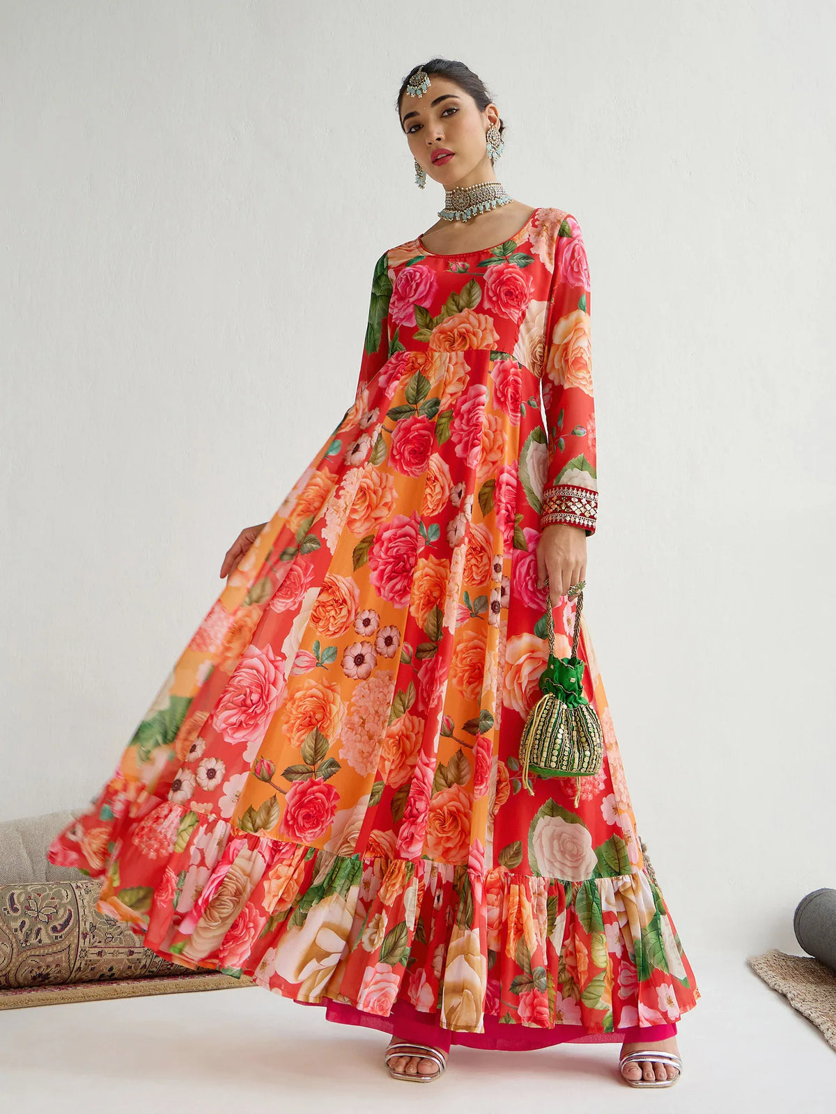 Women Yellow & Red Floral Frill Hem Anarkali Kurta-SHKUR00451