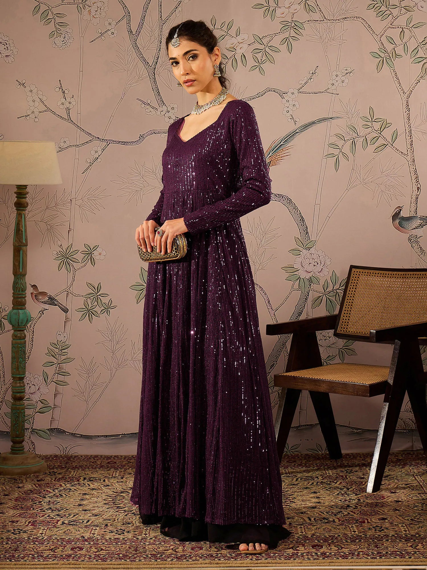 Burgundy Sequins Anarkali Kurta for Women | Elegant Anarkali D...