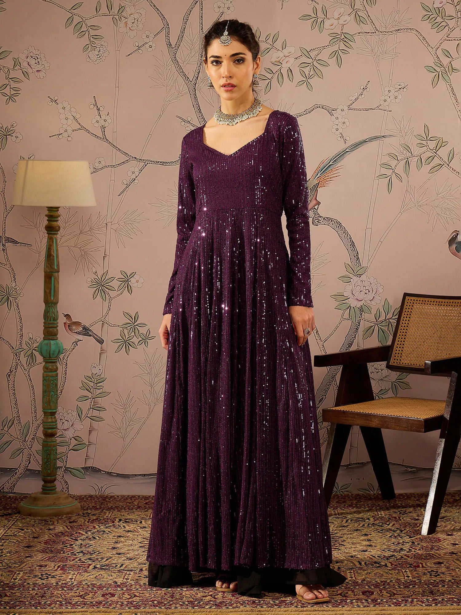 Burgundy Sequins Anarkali Kurta for Women | Elegant Anarkali D...