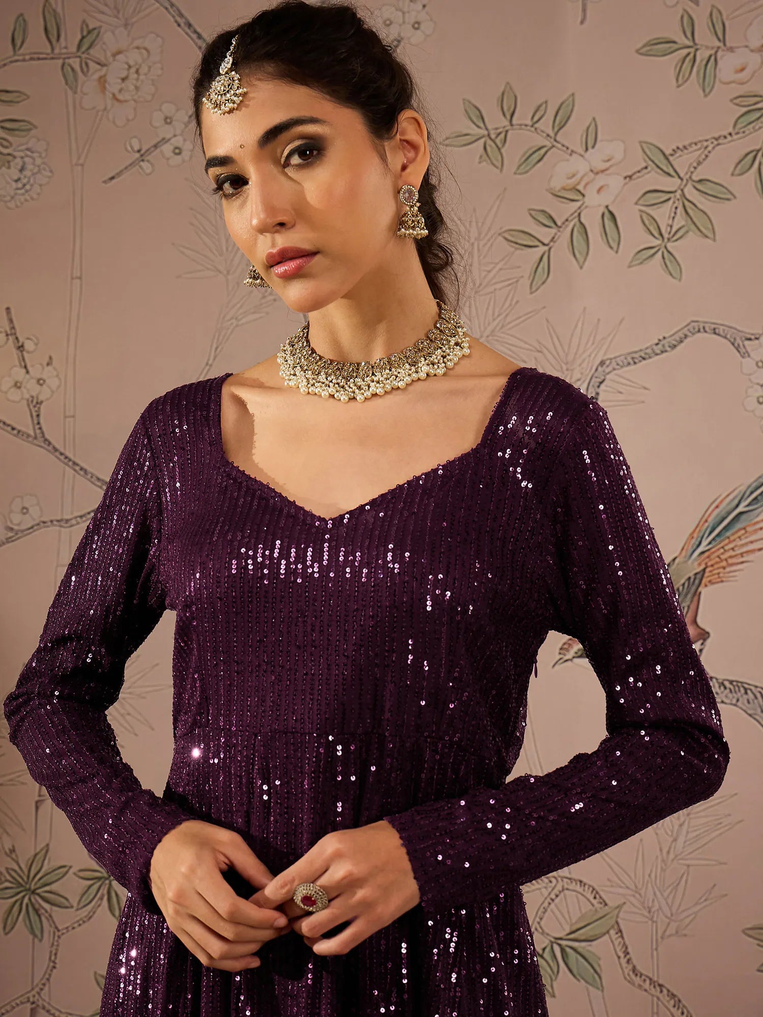 Burgundy Sequins Anarkali Kurta for Women | Elegant Anarkali D...