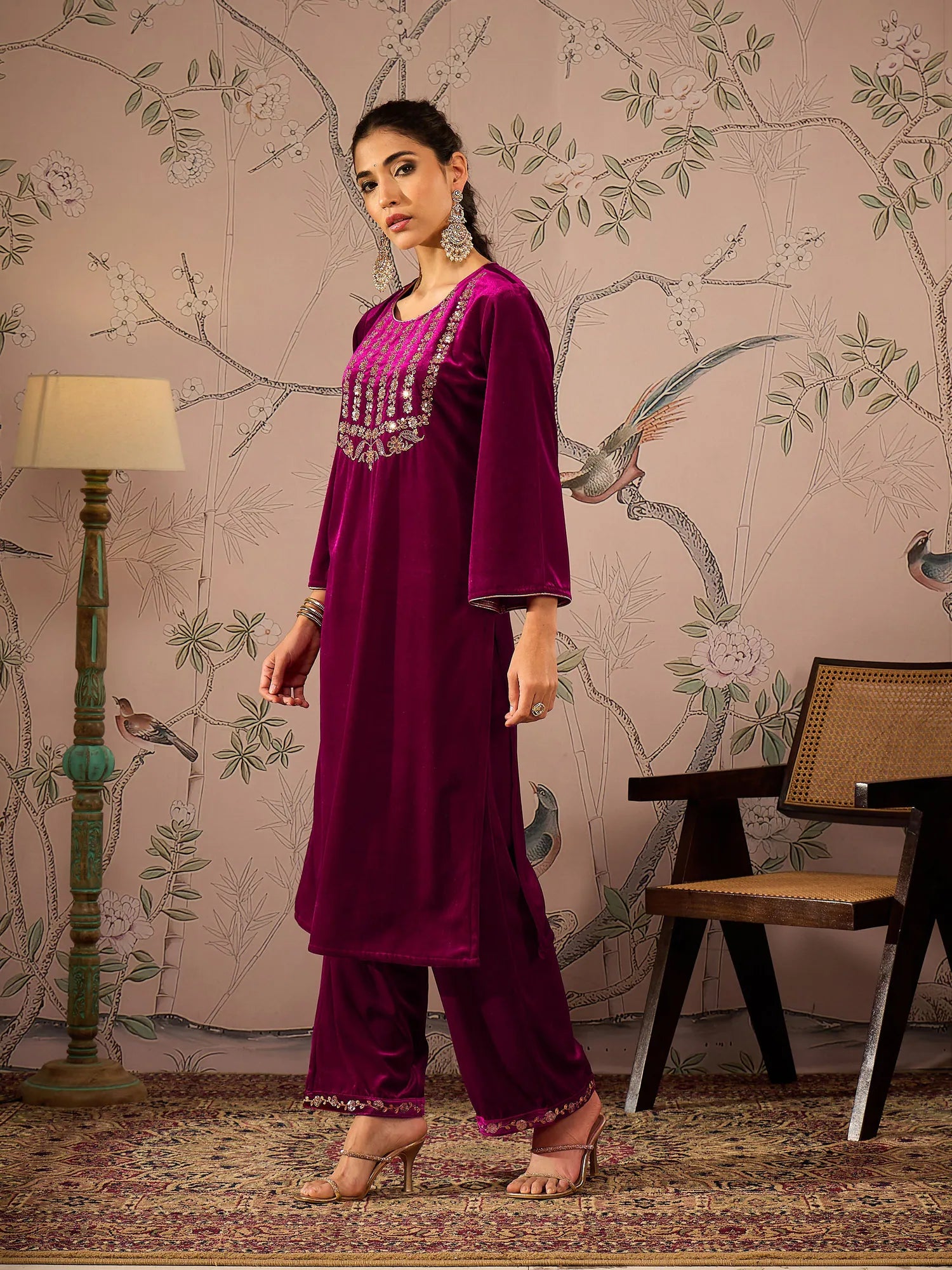 Fuchsia Embroidered Velvet Kurta - Indian Kurta for Women